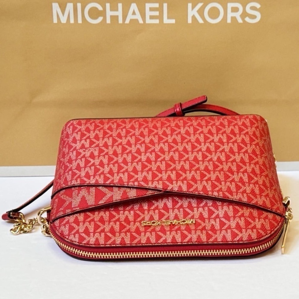 Michael Kors Jet Set Red Metallic Signature Logo Dome Crossbody Bag New Handbag - Picture 6 of 9